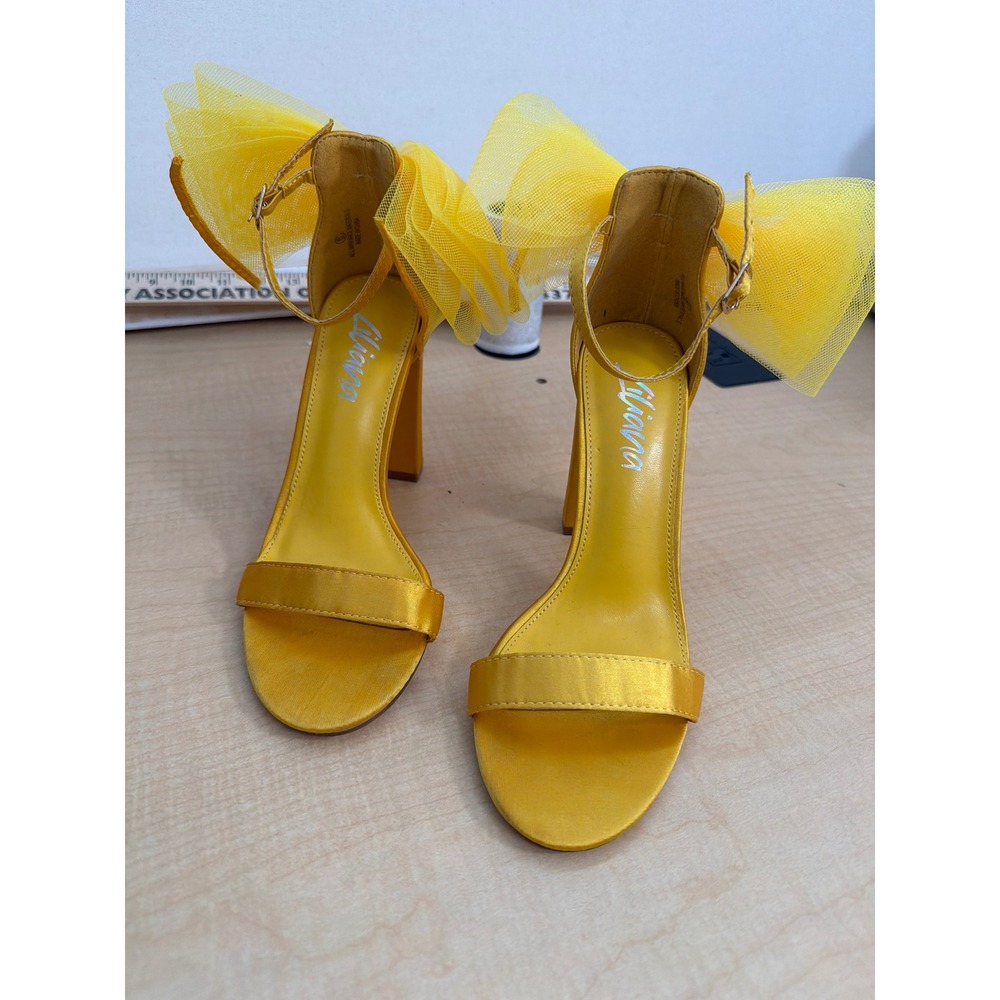 Liliana Yellow Satin Block Heel Sandals Tulle Bow Ankle Strap Size 6